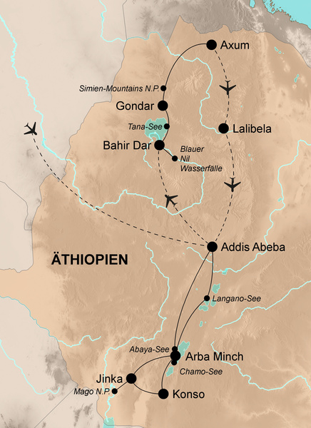 Karte von Äthiopien: Reiseroute