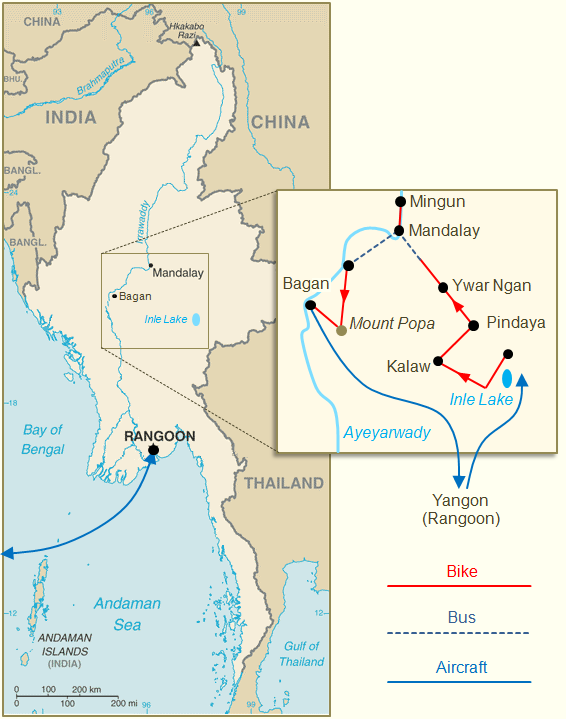 Map of Myanmar: itinerary