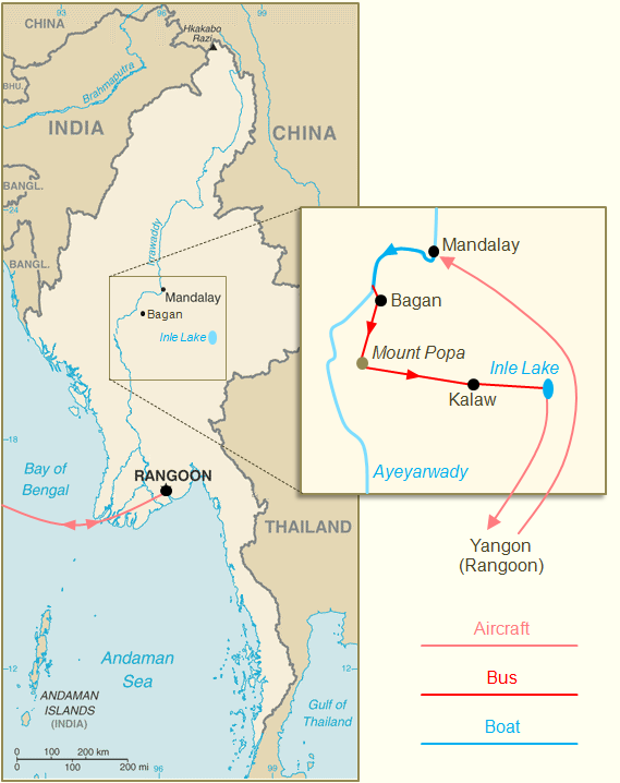 Map of Burma: itinerary
