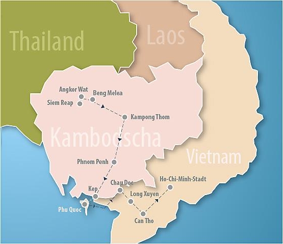Karte von Kambodscha/Vietnam: Tourenverlauf