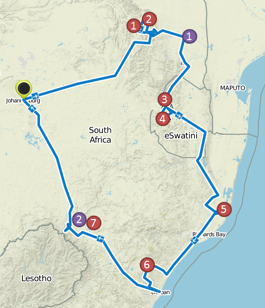 Map of South Africa/Swaziland: itinerary