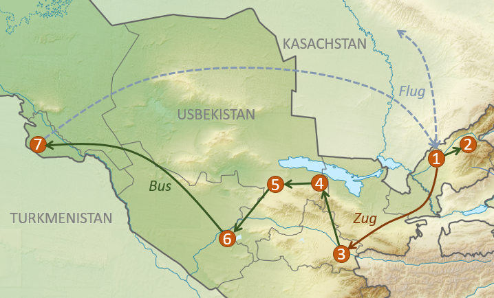 Map of Uzbekistan: itinerary